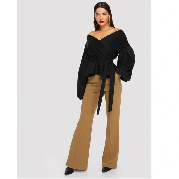 Bishop Sleeve Belt Ties Wrap Peplum Top Black V-Neck - Picture 3 of 13